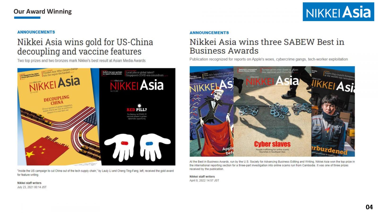 Những giải thưởng Nikkei Asia đạt được