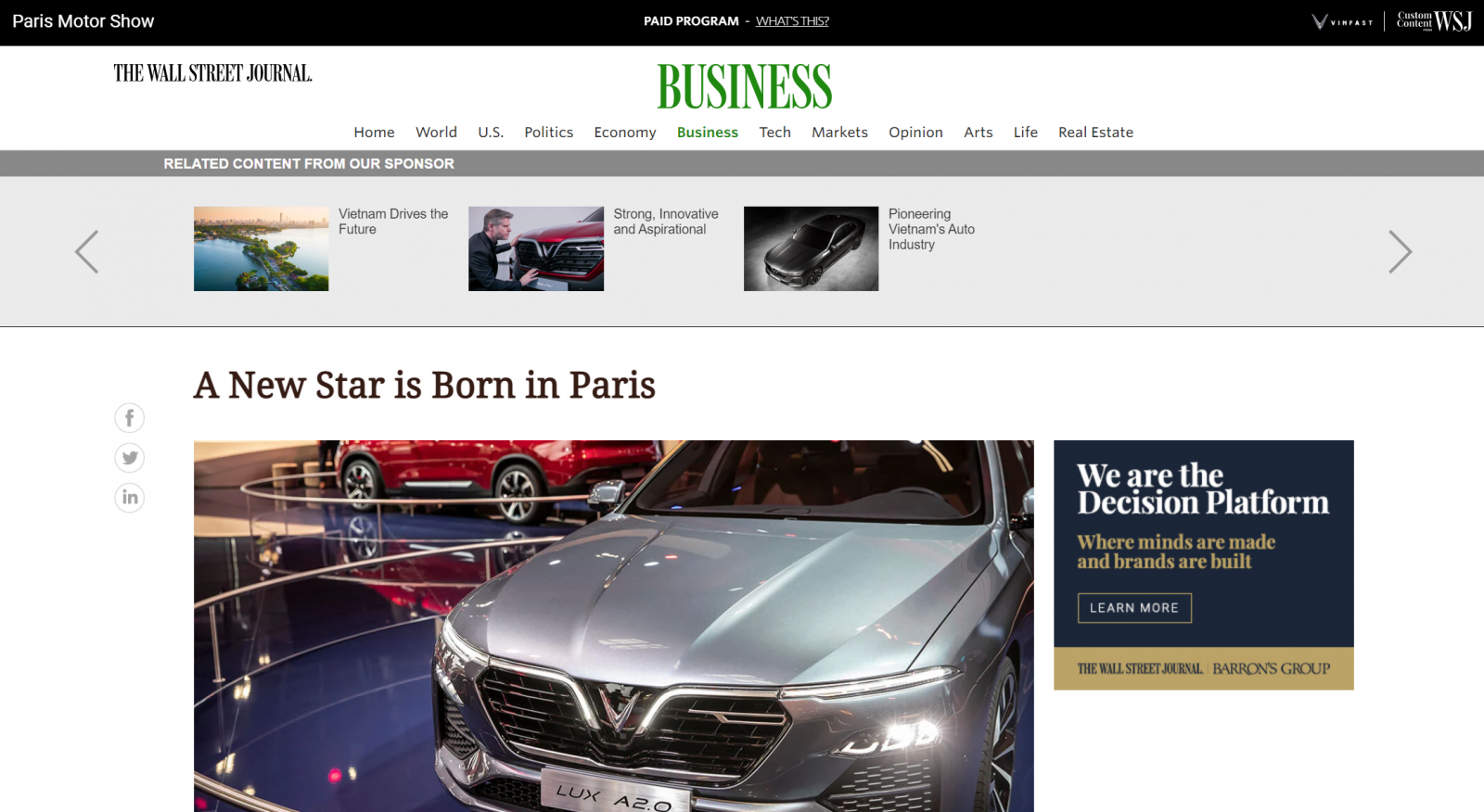 Wall Street Journal đưa tin về Vinfast trong bài viết Một ngôi sao mới được sinh ra ở Paris | Quan Dinh H. | Quan Dinh Writer | Content Writer | Content Editor